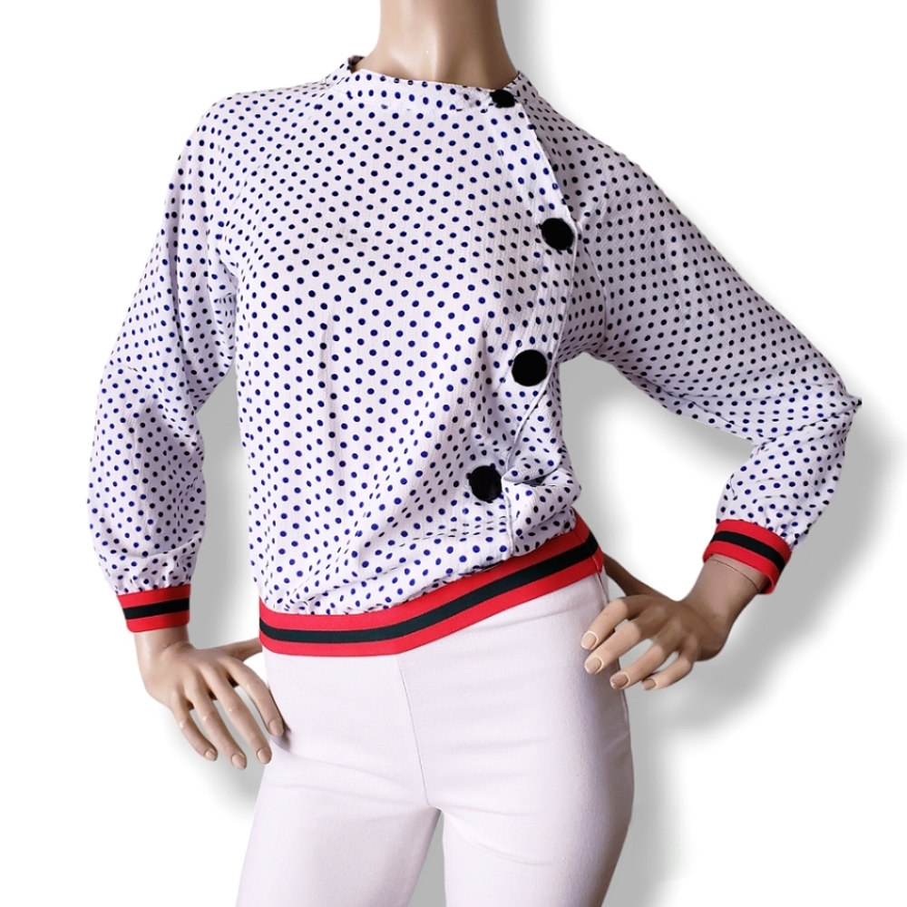 Matilda By True Love Blue Polka Dots Side Button Blouse Size Medium